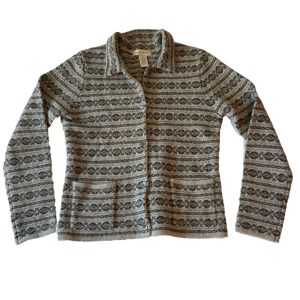 Nine West lambswool Gray button up cardigan sweater Sz Sm W/ Pockets